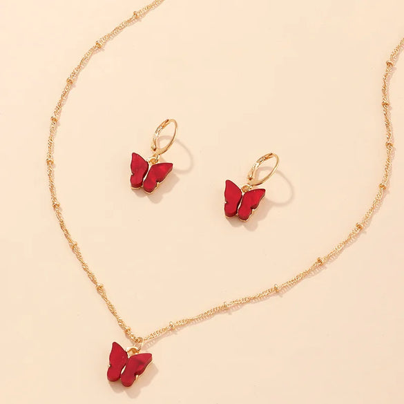 Explosive Accessories Multicolor Butterfly Necklace Earring Set Temperament Small Butterfly Jewelry Wholesale Nihaojewelry