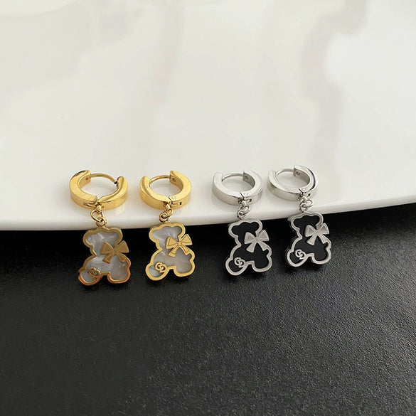 Exquisite Bear Pendant Stainless Steel Earrings For Female With Geometric Design