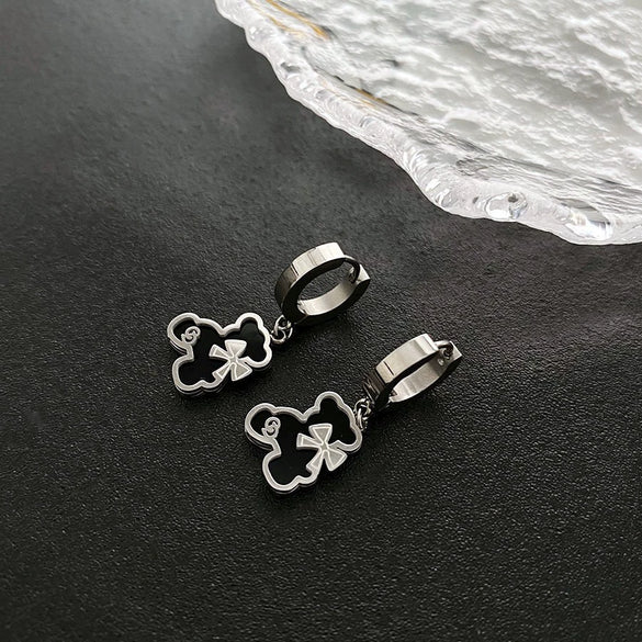 Exquisite Bear Pendant Stainless Steel Earrings For Female With Geometric Design