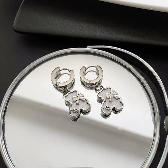 Exquisite Bear Pendant Stainless Steel Earrings For Female With Geometric Design