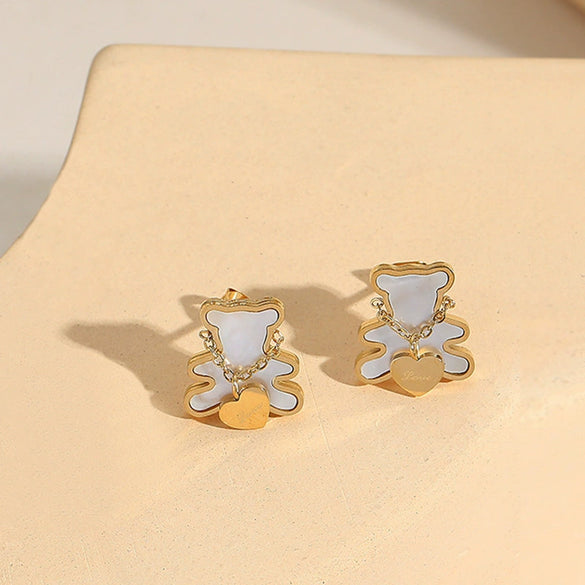 Exquisite Bear Pendant Stainless Steel Earrings For Female With Geometric Design