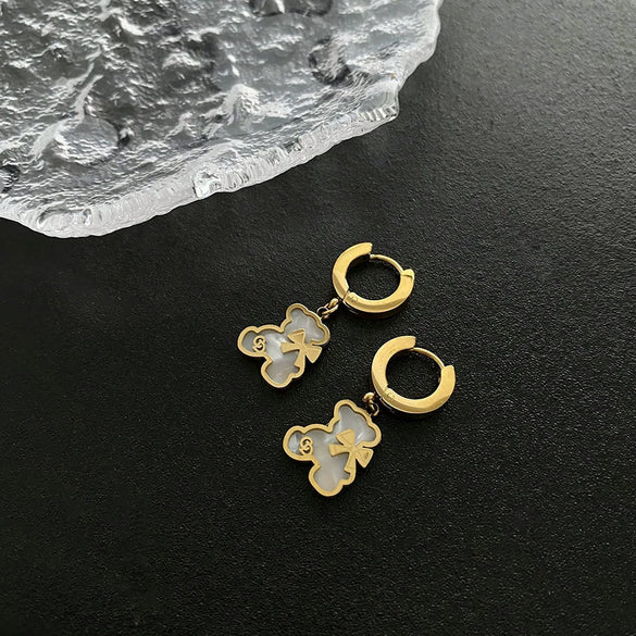 Exquisite Bear Pendant Stainless Steel Earrings For Female With Geometric Design