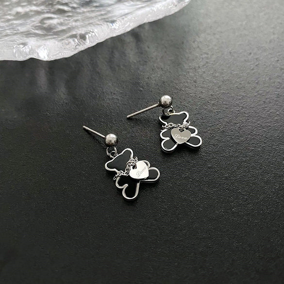 Exquisite Bear Pendant Stainless Steel Earrings For Female With Geometric Design