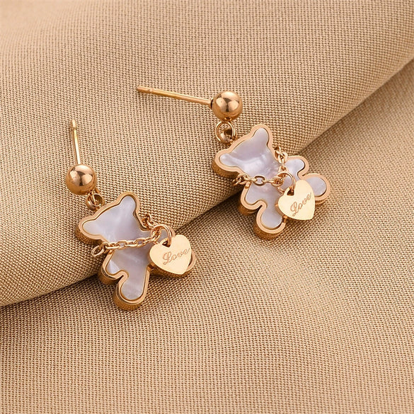 Exquisite Bear Pendant Stainless Steel Earrings For Female With Geometric Design