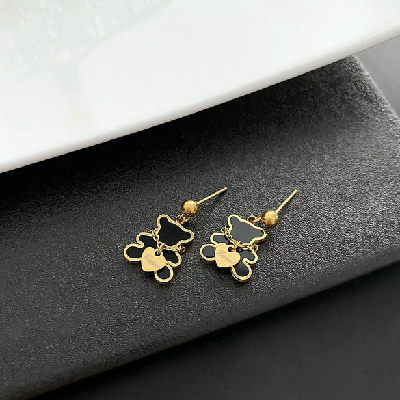 Exquisite Bear Pendant Stainless Steel Earrings For Female With Geometric Design