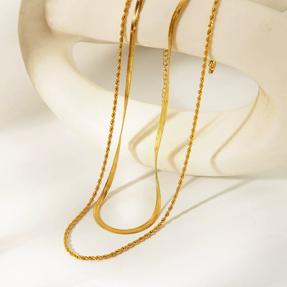 Exquisite Double Layer Stainless Steel Necklace For Women With 18K Gold Plated Vacuum Real Gold Electroplating In Pvd Furnace And Twist Chain Style