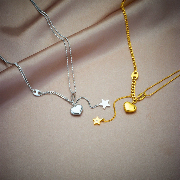 Exquisite Elegant All Match Star Tassel 3D Peach Heart Clavicle Chain Necklace In Cold Style Made Of Titanium Steel With Electroplating Treatment