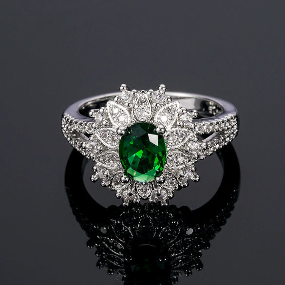 Exquisite Flower Shaped Copper Ring With Emerald Zircon Inlay For Women Wholesale Jewelry
