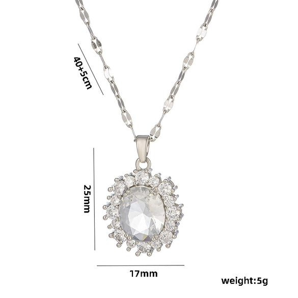 Exquisite Oval Crystal Zircon Women's Necklace With Titanium Steel Pendant And Water Wave Chain Micro Inlay Diamond Treatment Geometric Design