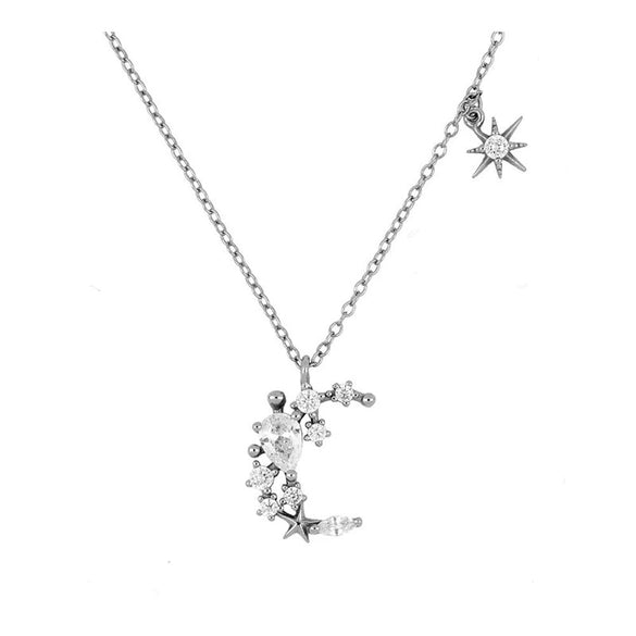 Exquisite S925 Silver Snake Chain Necklace With Inlaid Zircon C Shaped Moon Copper Pendant Geometric Light Luxury Clavicle Jewelry
