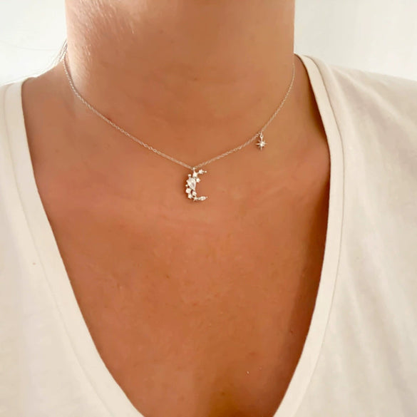 Exquisite S925 Silver Snake Chain Necklace With Inlaid Zircon C Shaped Moon Copper Pendant Geometric Light Luxury Clavicle Jewelry