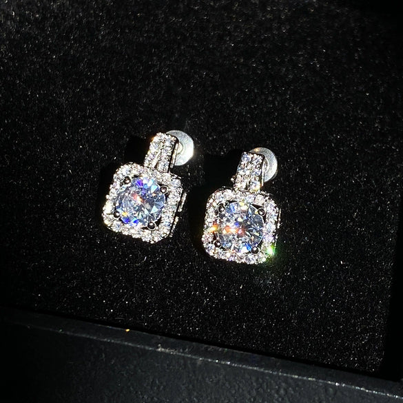 Exquisite Square Platinum Plated Copper Ladies Earrings With Full Diamond Inlaid Zircon For Wholesale