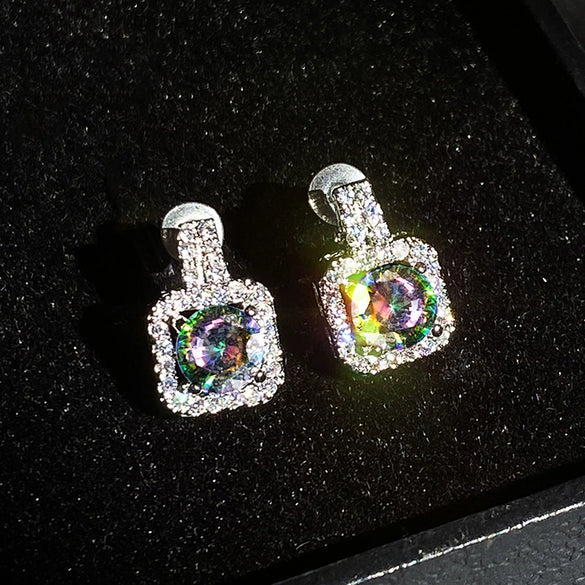 Exquisite Square Platinum Plated Copper Ladies Earrings With Full Diamond Inlaid Zircon For Wholesale
