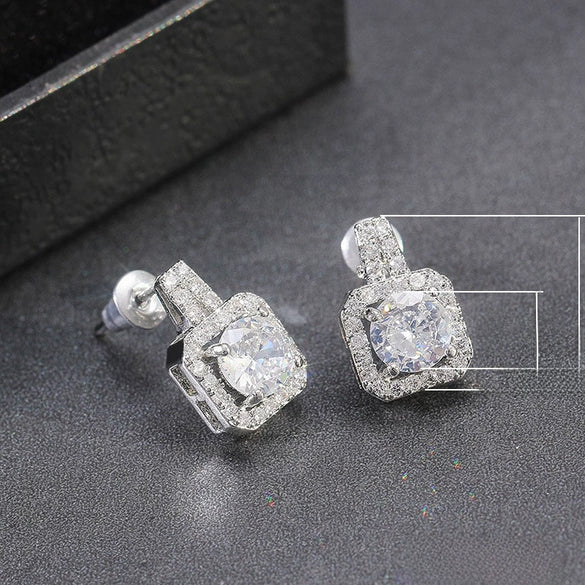 Exquisite Square Platinum Plated Copper Ladies Earrings With Full Diamond Inlaid Zircon For Wholesale