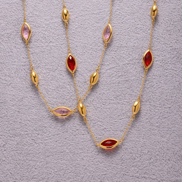 Exquisite Water Drop Glass Stone Clavicle Chain Stainless Steel Bread Edge Necklace 18K Gold Plated For Women Geometric Pattern