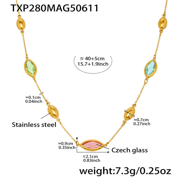 Exquisite Water Drop Glass Stone Clavicle Chain Stainless Steel Bread Edge Necklace 18K Gold Plated For Women Geometric Pattern