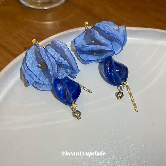 Fabric Chiffon Flower Tassel Handmade Women's Earrings