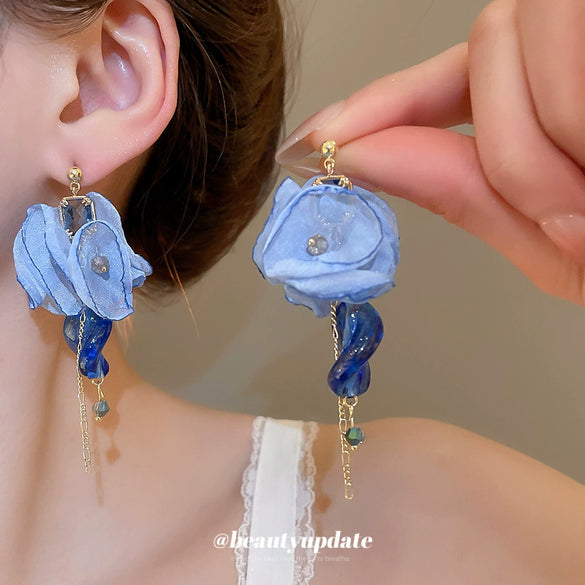 Fabric Chiffon Flower Tassel Handmade Women's Earrings