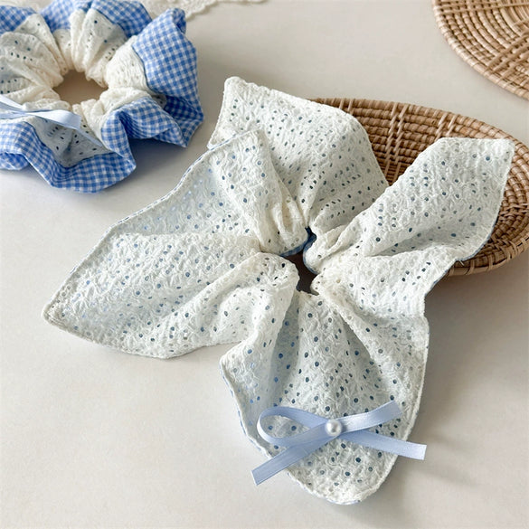 Fabric Doublesided Breathable Blue Spotted Square Handmade Women's High Elasticity Hair Ring