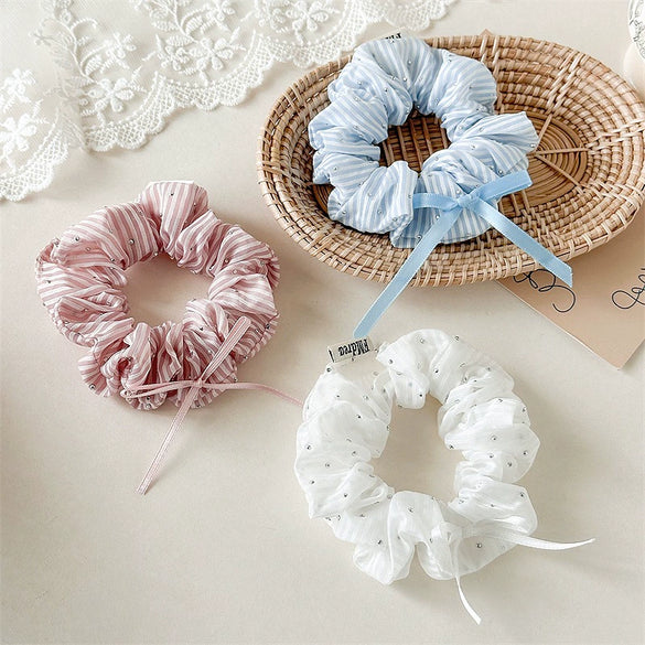 Fabric Handmade Rhinestone Striped Hair Ring Bow Pony Tail Hair Rope For Girls