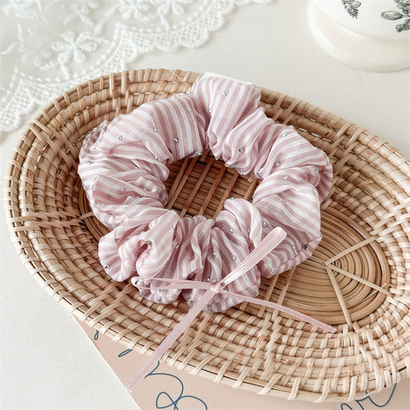 Fabric Handmade Rhinestone Striped Hair Ring Bow Pony Tail Hair Rope For Girls