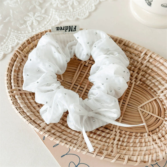 Fabric Handmade Rhinestone Striped Hair Ring Bow Pony Tail Hair Rope For Girls