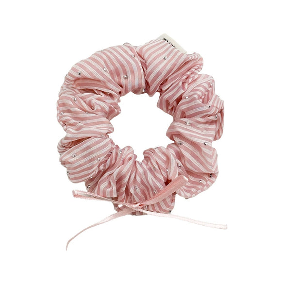 Fabric Handmade Rhinestone Striped Hair Ring Bow Pony Tail Hair Rope For Girls