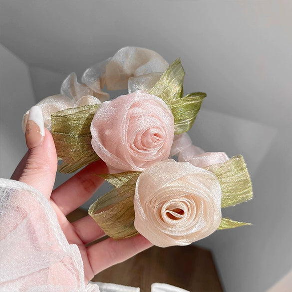 Fabric Handmade Rose Flower Girls' Hair Rope Ponytail Hair Band