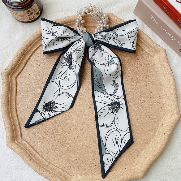 Fabric Pearl Hair Band Ribbon Silk Scarf Style Ponytail Hair Tie Knitted High Elasticity Hair Accessory For Women
