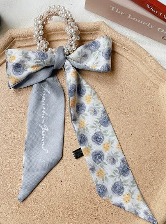 Fabric Pearl Hair Band Ribbon Silk Scarf Style Ponytail Hair Tie Knitted High Elasticity Hair Accessory For Women