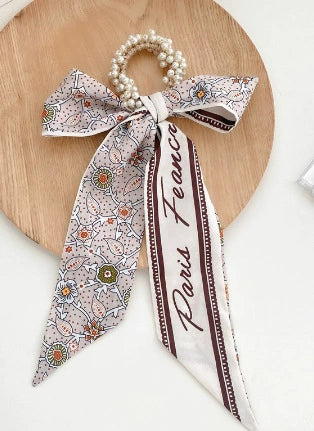 Fabric Pearl Hair Band Ribbon Silk Scarf Style Ponytail Hair Tie Knitted High Elasticity Hair Accessory For Women