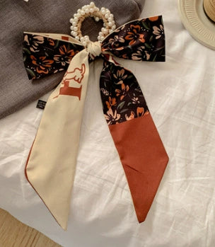 Fabric Pearl Hair Band Ribbon Silk Scarf Style Ponytail Hair Tie Knitted High Elasticity Hair Accessory For Women