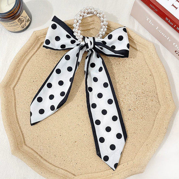 Fabric Pearl Hair Band Ribbon Silk Scarf Style Ponytail Hair Tie Knitted High Elasticity Hair Accessory For Women