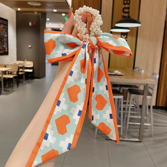 Fabric Pearl Hair Band Ribbon Silk Scarf Style Ponytail Hair Tie Knitted High Elasticity Hair Accessory For Women