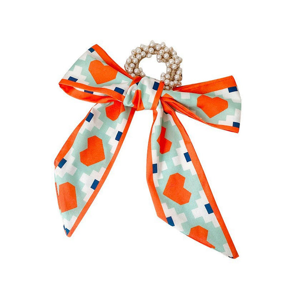 Fabric Pearl Hair Band Ribbon Silk Scarf Style Ponytail Hair Tie Knitted High Elasticity Hair Accessory For Women