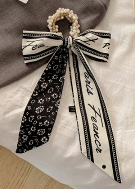 Fabric Pearl Hair Band Ribbon Silk Scarf Style Ponytail Hair Tie Knitted High Elasticity Hair Accessory For Women