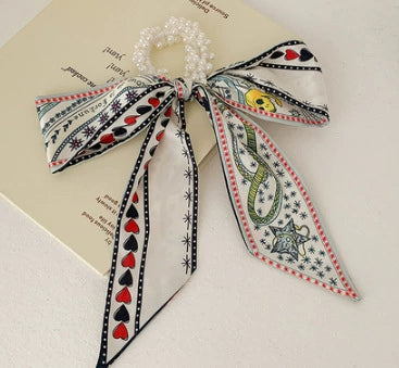 Fabric Pearl Hair Band Ribbon Silk Scarf Style Ponytail Hair Tie Knitted High Elasticity Hair Accessory For Women