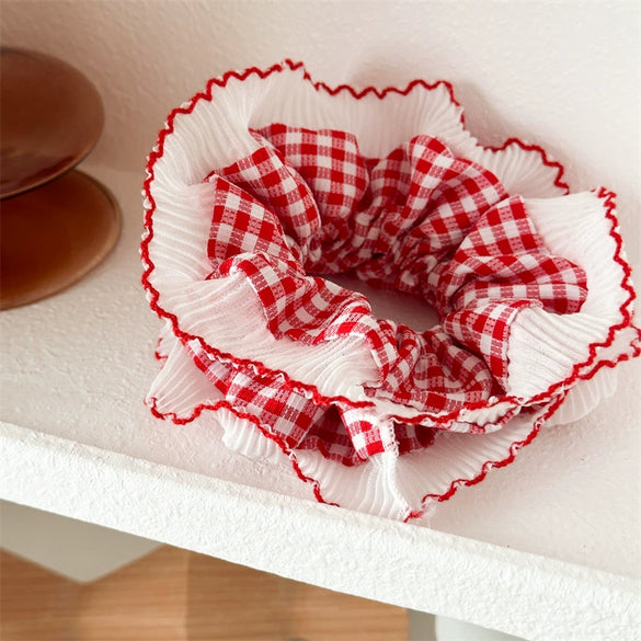 Fabric Red Plaid Intestine Hair Band For Women High Elasticity Seiko Design