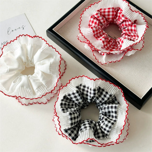 Fabric Red Plaid Intestine Hair Band For Women High Elasticity Seiko Design