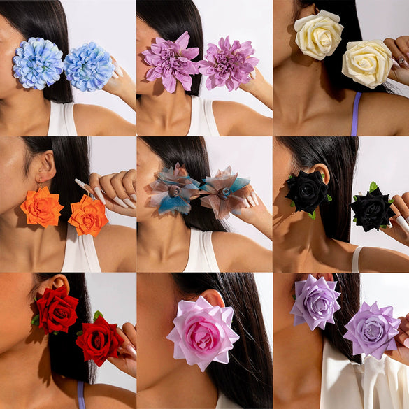 Fabric Sunflower Rose Flower Earrings For Women