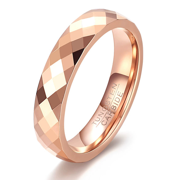 Faceted Geometric Tungsten Steel Couple Rings With Rose Gold Electroplated Finish Minimalist Unisex Jewelry