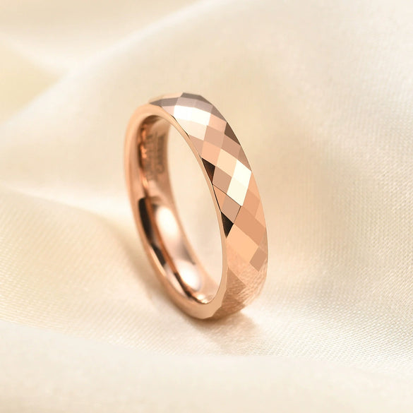 Faceted Geometric Tungsten Steel Couple Rings With Rose Gold Electroplated Finish Minimalist Unisex Jewelry
