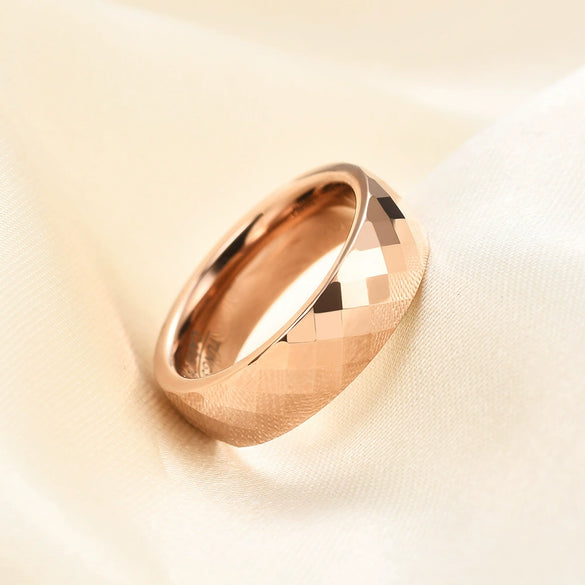 Faceted Geometric Tungsten Steel Couple Rings With Rose Gold Electroplated Finish Minimalist Unisex Jewelry
