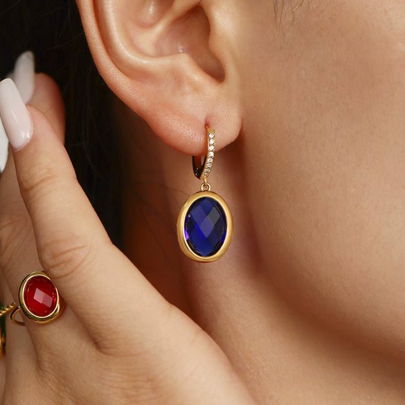 Faceted Oval Czech Glass Geometric Stainless Steel Electroplated Earrings For Women