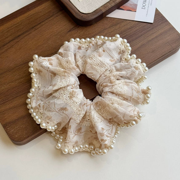Fairy Lace Pearl Scrunchie For Women Floral Geometric Cloth Hair Tie Inlaid With Pearls