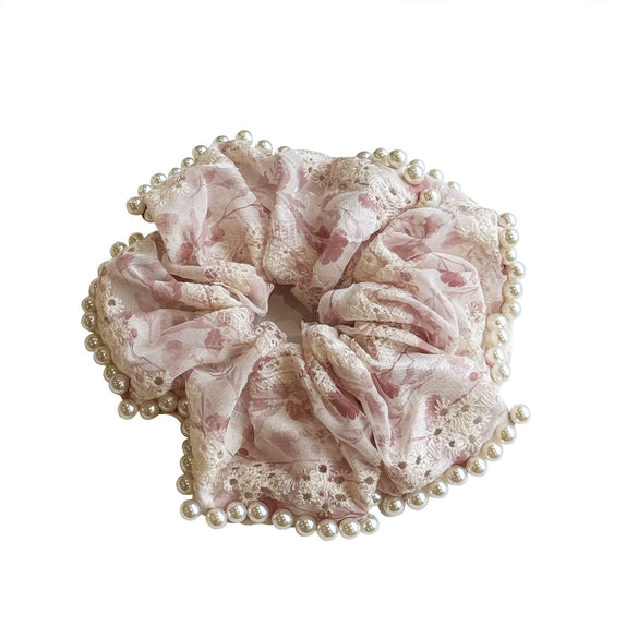 Fairy Lace Pearl Scrunchie For Women Floral Geometric Cloth Hair Tie Inlaid With Pearls