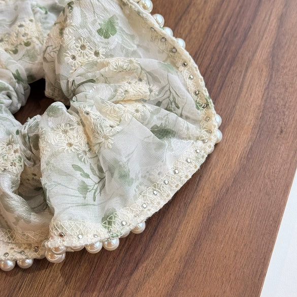 Fairy Lace Pearl Scrunchie For Women Floral Geometric Cloth Hair Tie Inlaid With Pearls
