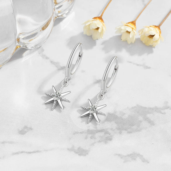 Fairy Style Geometric Star Zircon Long Drop Earrings In Sterling Silver For Women