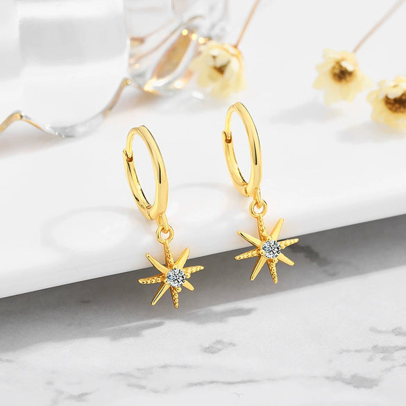 Fairy Style Geometric Star Zircon Long Drop Earrings In Sterling Silver For Women