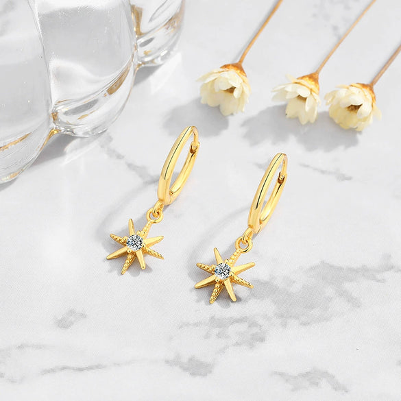 Fairy Style Geometric Star Zircon Long Drop Earrings In Sterling Silver For Women
